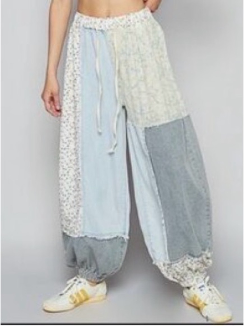 POL Patchwork Wide-Leg Track Pants in Light Blue, Gray & Cream
